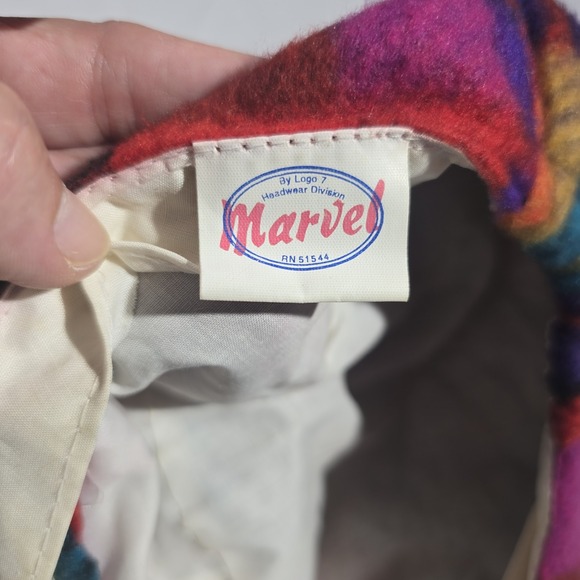 Vintage Marvel Logo 7 Plaid Fleece Hat Cap Size 54 cm RN 51544 Rare 1990s - Picture 6 of 9